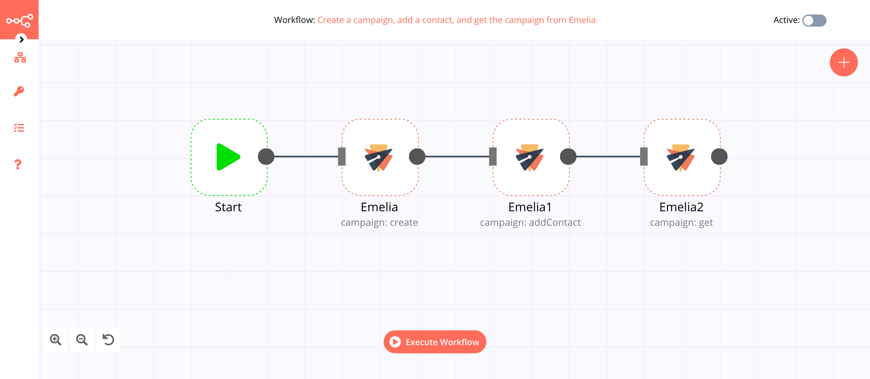 A workflow with the Emelia node