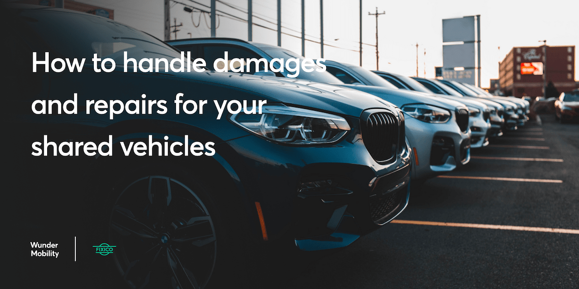 Template titled "How to handle damages and repairs for your shared vehicles" featuring a background image of several cars next to each other on a parking lot.