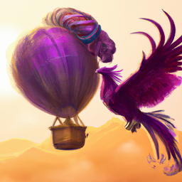 a phoenix flying against a purple hot air balloon