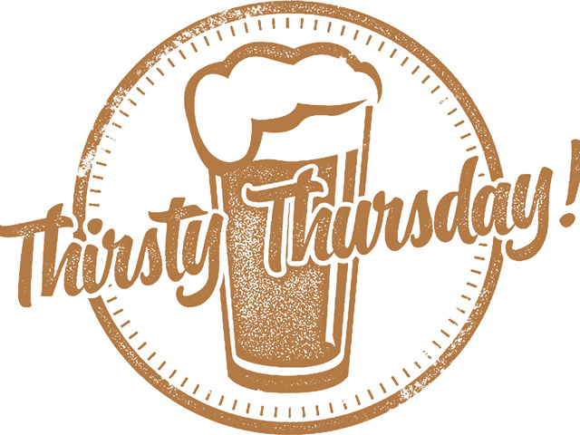 A pint of beer with the words Thirsty Thursday emblazoned over a circle design
