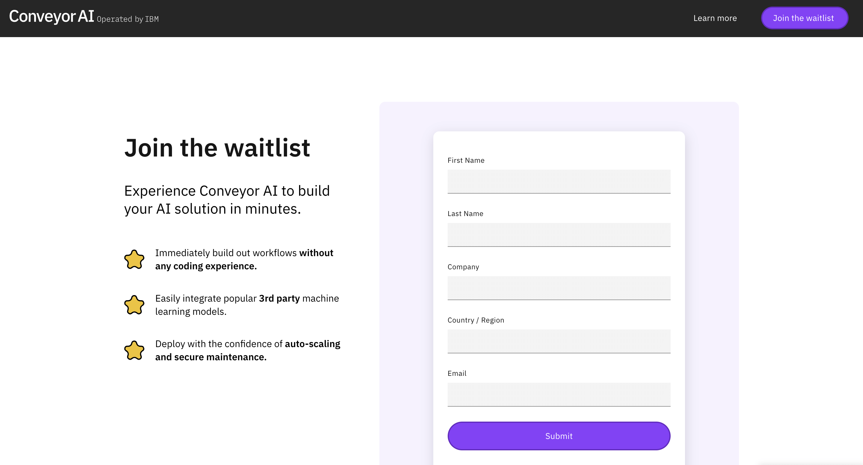 SaaS Waitlist Emails: Screenshot of Conveyor AI's landing page for their waitlist.