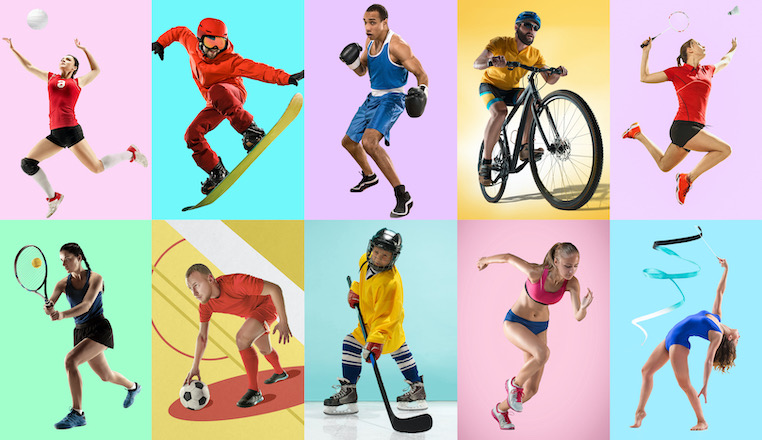 A collage of people playing different sports, on pastel-coloured tiled backgrounds