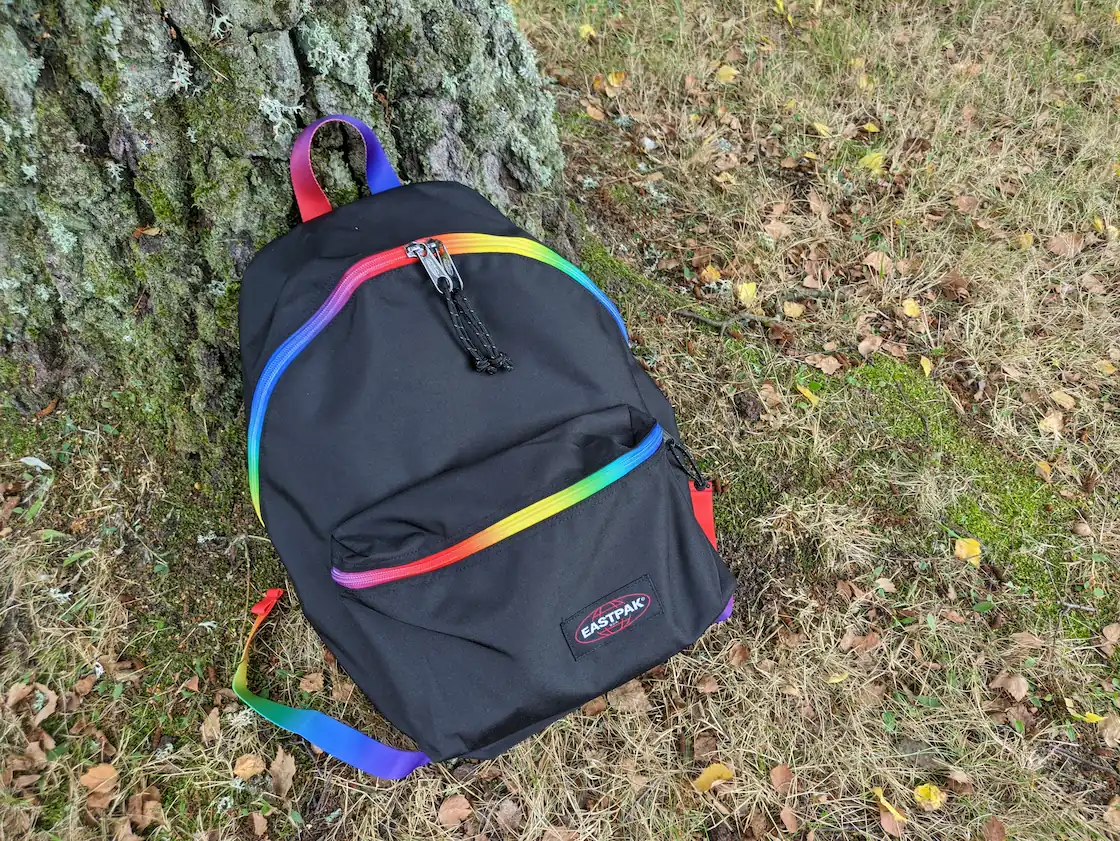 Black backpack with rainbow colored zipper traces. The backpack leans against a tree.