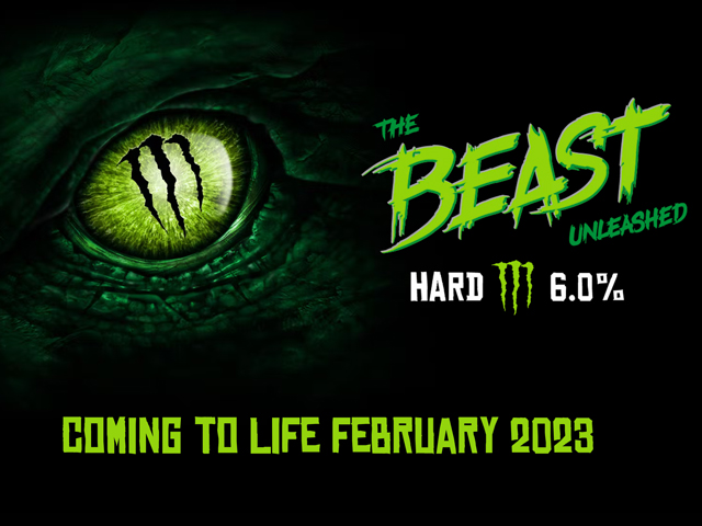 An Advertisement for Monster Energy The Beast Unleashed 6% ABV Hard Flavored Malt Beverage
