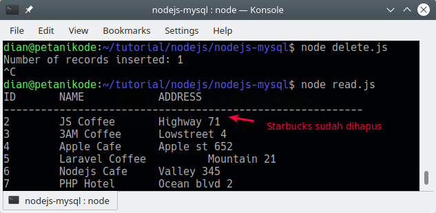 Delete mysql data from nodejs