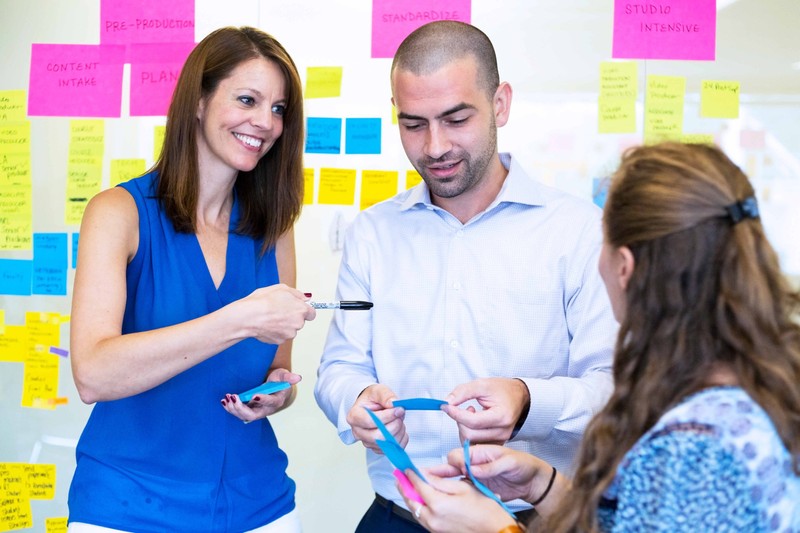 A team maps out a project using multi-colored sticky notes placed on a wall