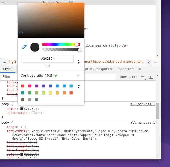 A color wheel in a popup in Chrome Devtools that allow you to easily pick a color in an intuitive way