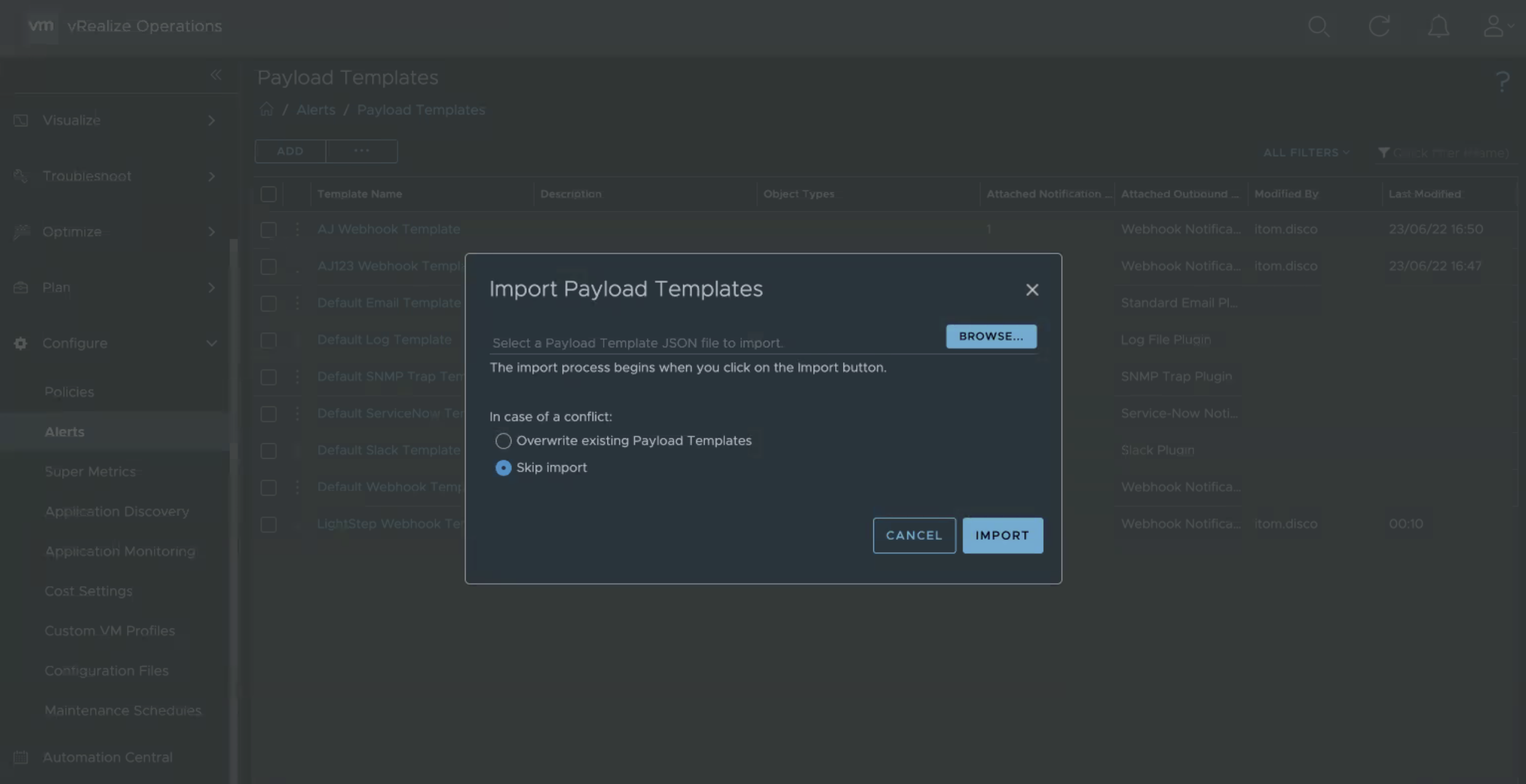Browse to select the required payload template.