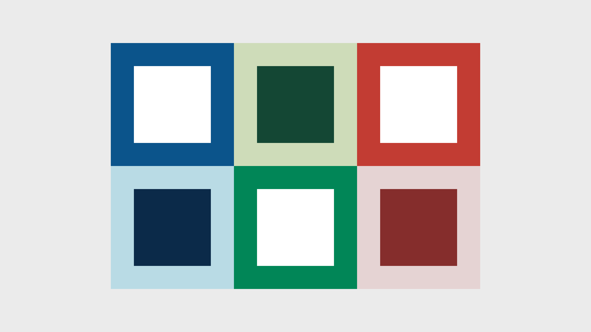 A grid of brand color combinations. Triarama’s brand colors are blue, green, and red, and each color is used in conjunction with white or a different shade of itself.