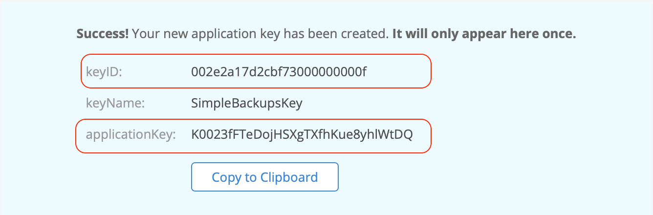 Application Key confirmation message including required credentials information