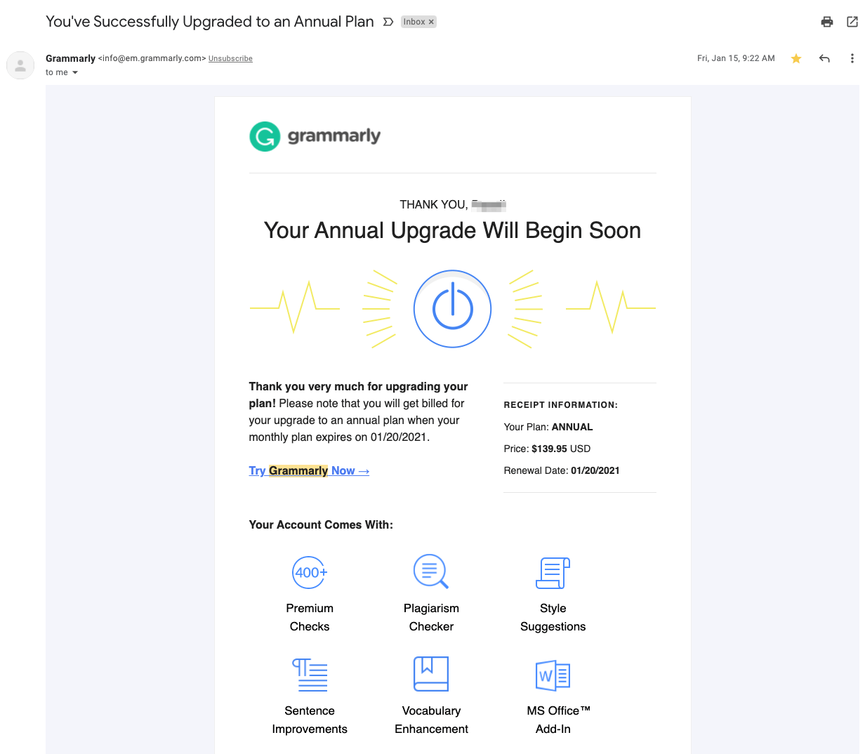 SaaS Email Marketing Strategies: Screenshot of Grammarly email promoting annual billing