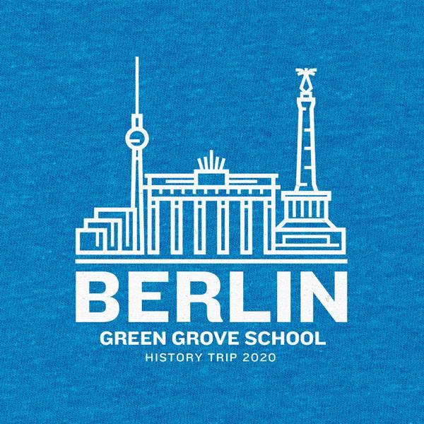 School trip hoodie design with an illustrated Berlin skyline