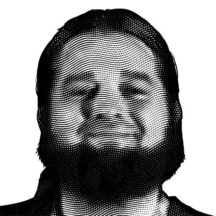 Halftone black and white image of Hippie Hacker