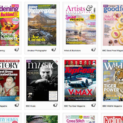 Screenshot of the Zinio website and some titles available on it