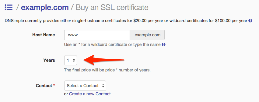 Selecting the numer of years for an SSL certificate