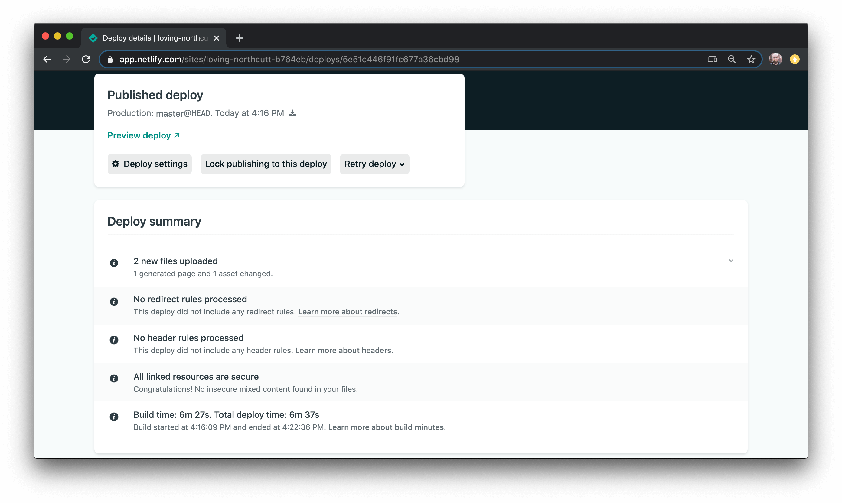 The Netlify deploy summary for the unoptimized build.