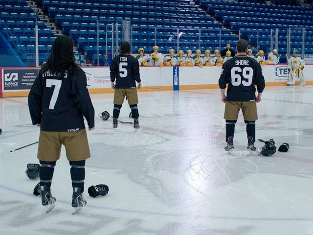 Shoresy and the other hockey players on the ice in Shoresy Episode One - Never Lose Again