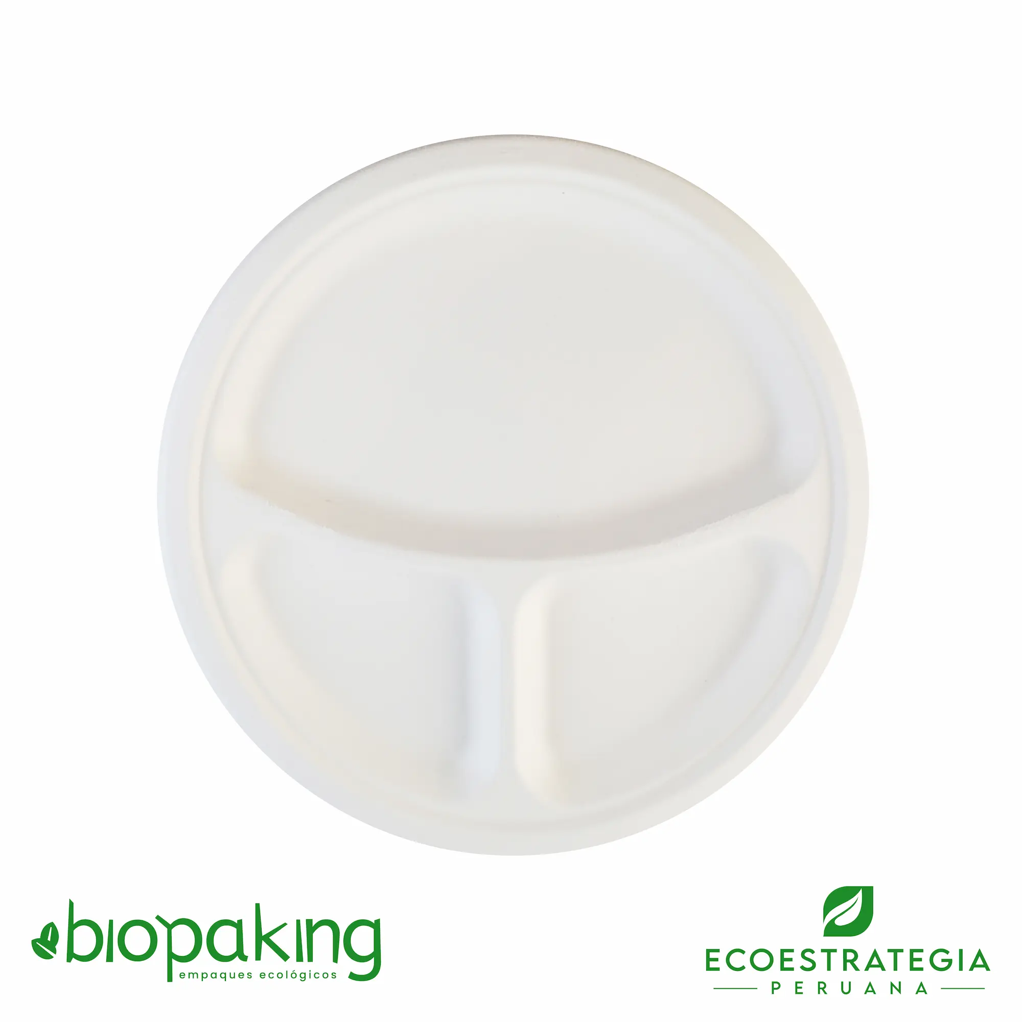 Este plato de 26 cm con division es un producto de materiales biodegradables, hecho a base de fibra de caña de azúcar. Cotiza envases, empaques y tapers bio