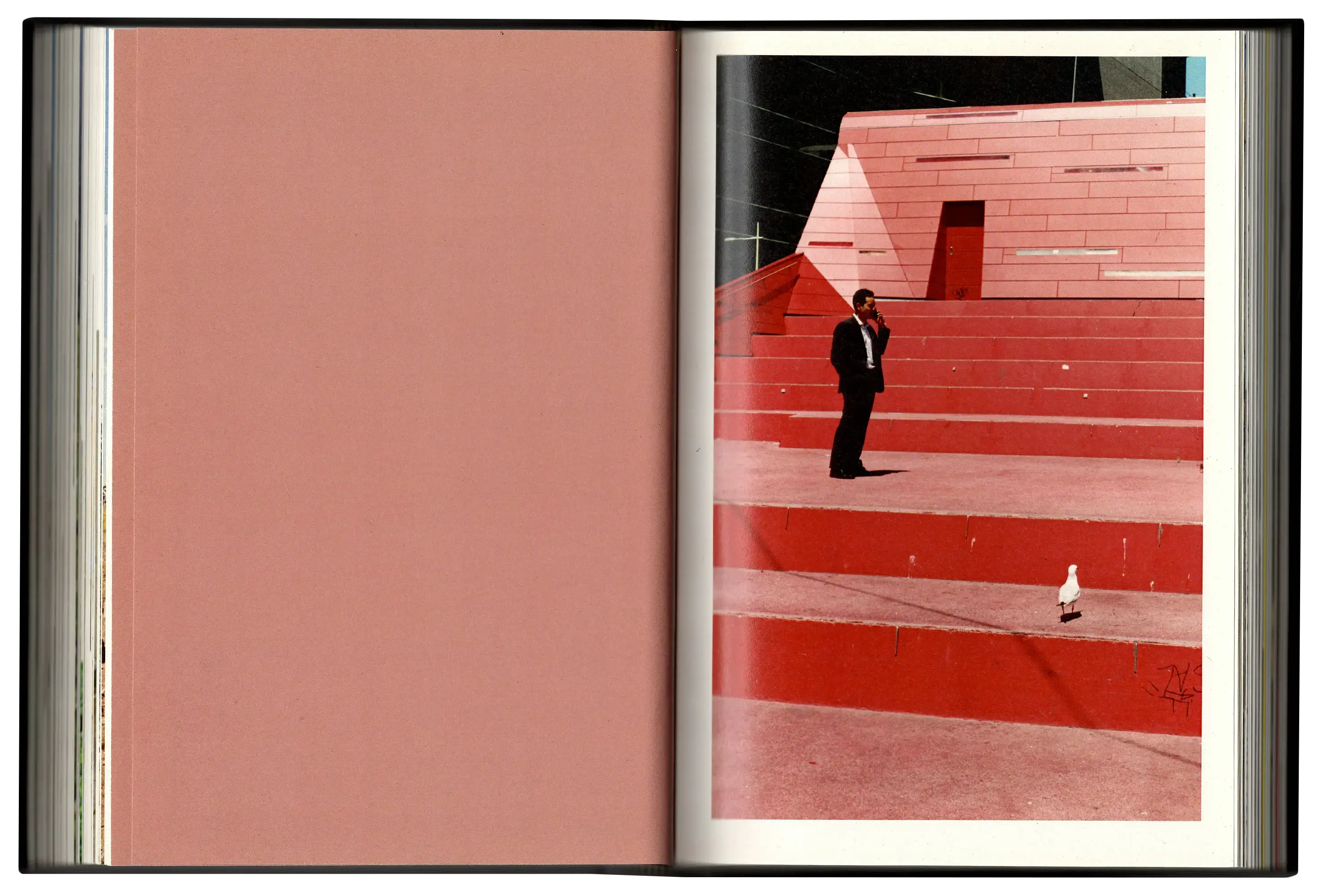 Imperfect Photo Book - left page solid pink colour, right page man standing on pink staircase
