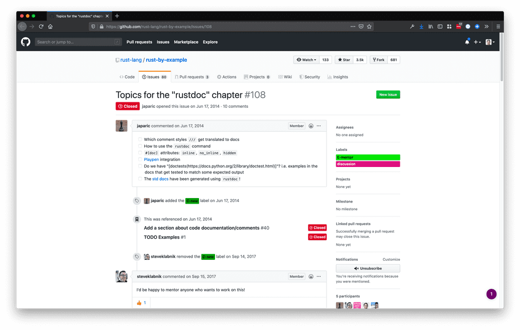 Screenshot of GitHub issue in Rust by Example repo