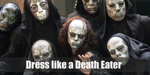 Death Eaters wear long, black hooded robes, and a fancy Death mask. They also have the Dark Mark on their forearm and their wand.