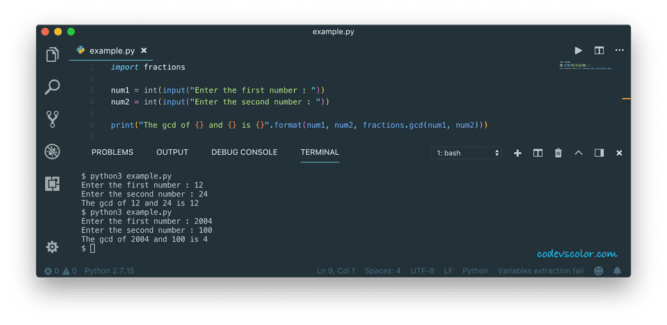 python program to find the gcd of numbers using fractions python program to find the gcd of numbers using fractions