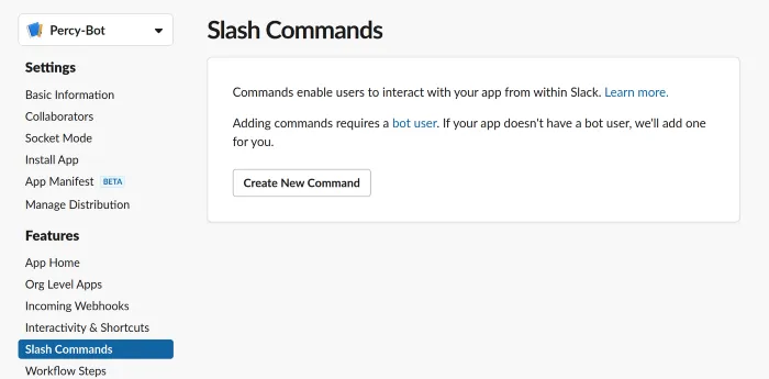 Slack — Add a new Slash command in the UI.
