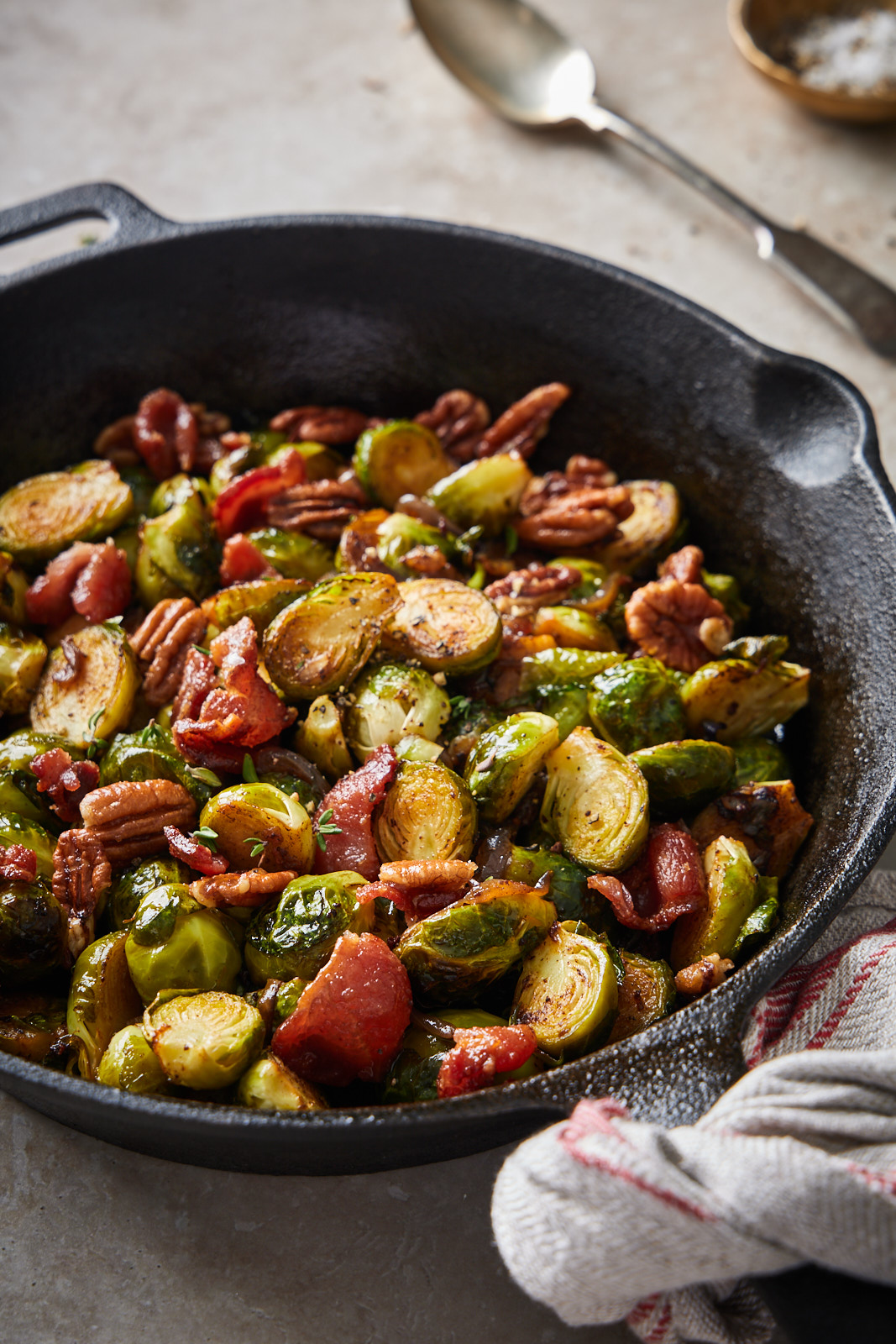 Roasted Brussel Sprouts With Candied Pecans and Bacon