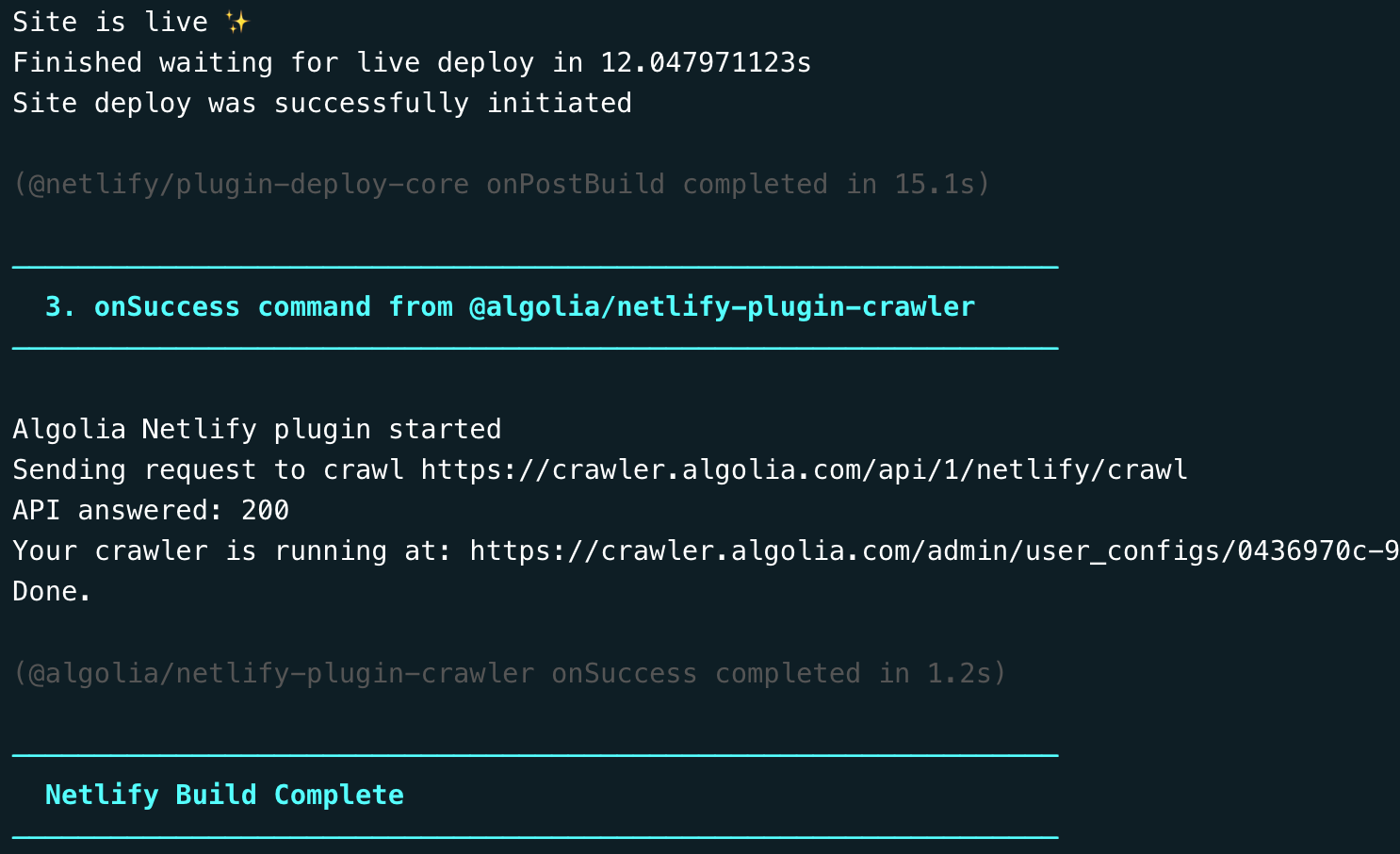 Screenshot of Netlify build logs showing site is live, focused on the logs generated by the Algolia plugin