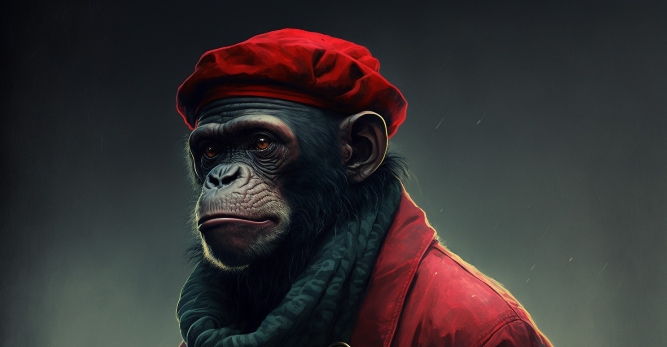 Ape wearing french beret and scarf