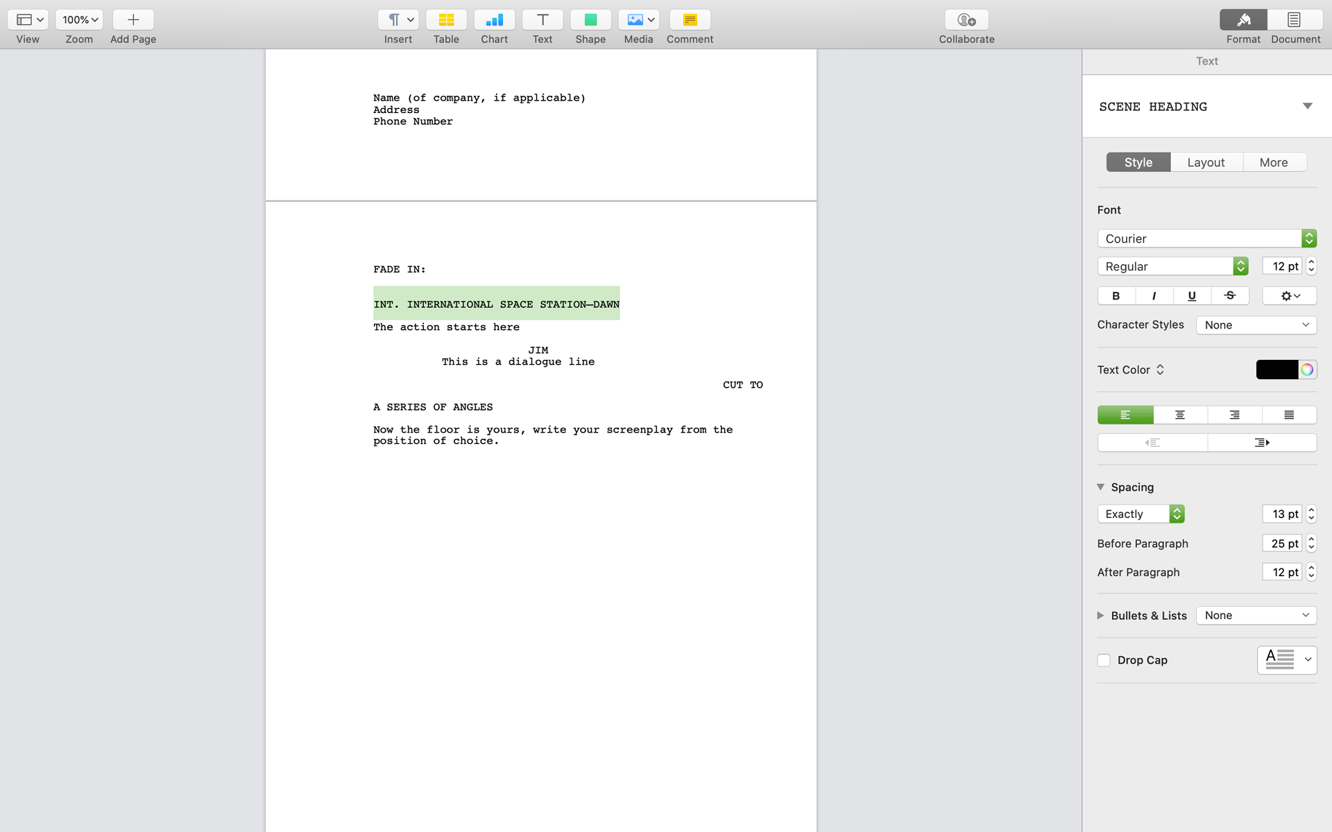 screenplay format length of slugline