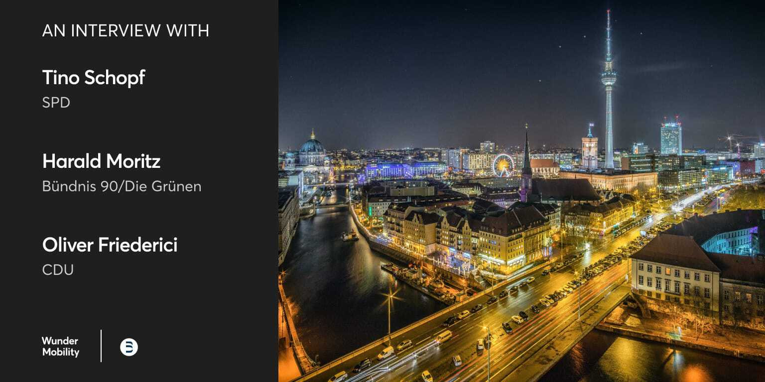 Template titled "An Interview with Tino Schopf SPD, Harald Moritz Budnis 90/Die Grunen, Oliver Friederici CDU" featuring an image of Berlin in nighttime.
