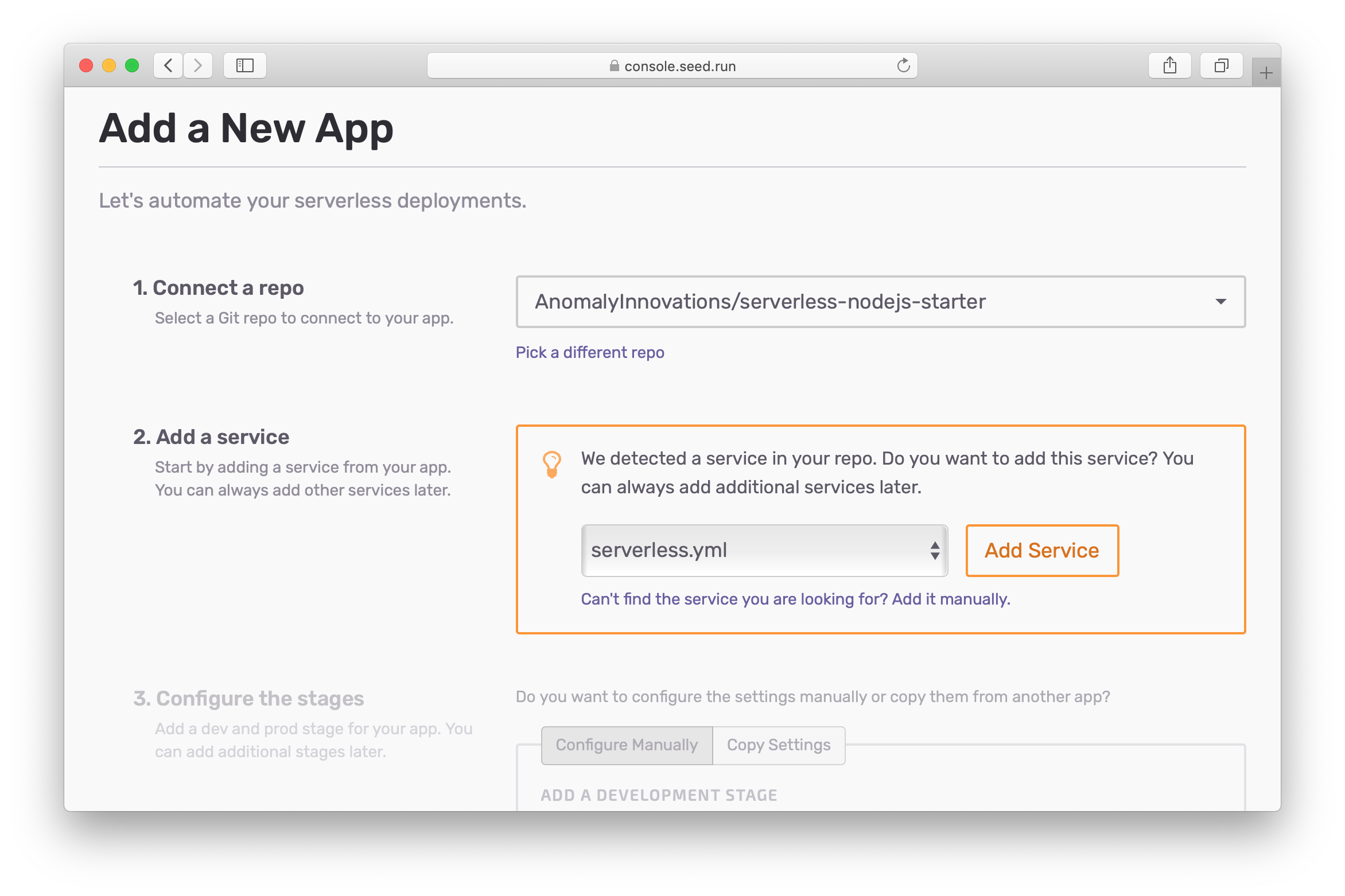 Auto-detect serverless.yml for new app