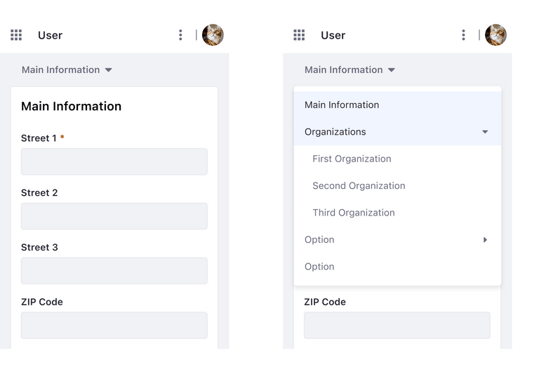 Nested navigation translated into a select with a collapsible panel. On the left image the panel is closed. On the right image the panel is open.