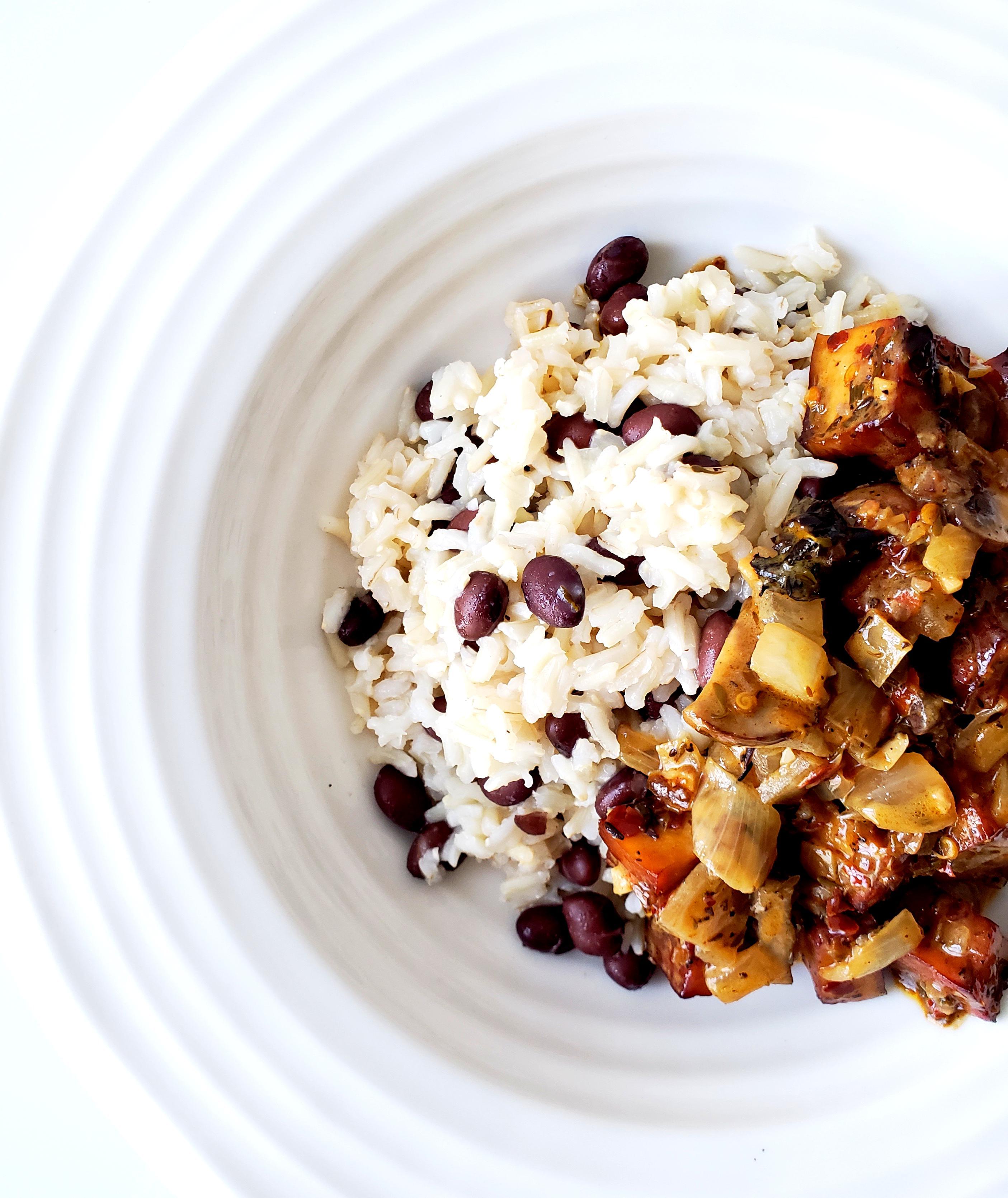 Bowl of Black Bean Rice with Jerk Tofu on Top