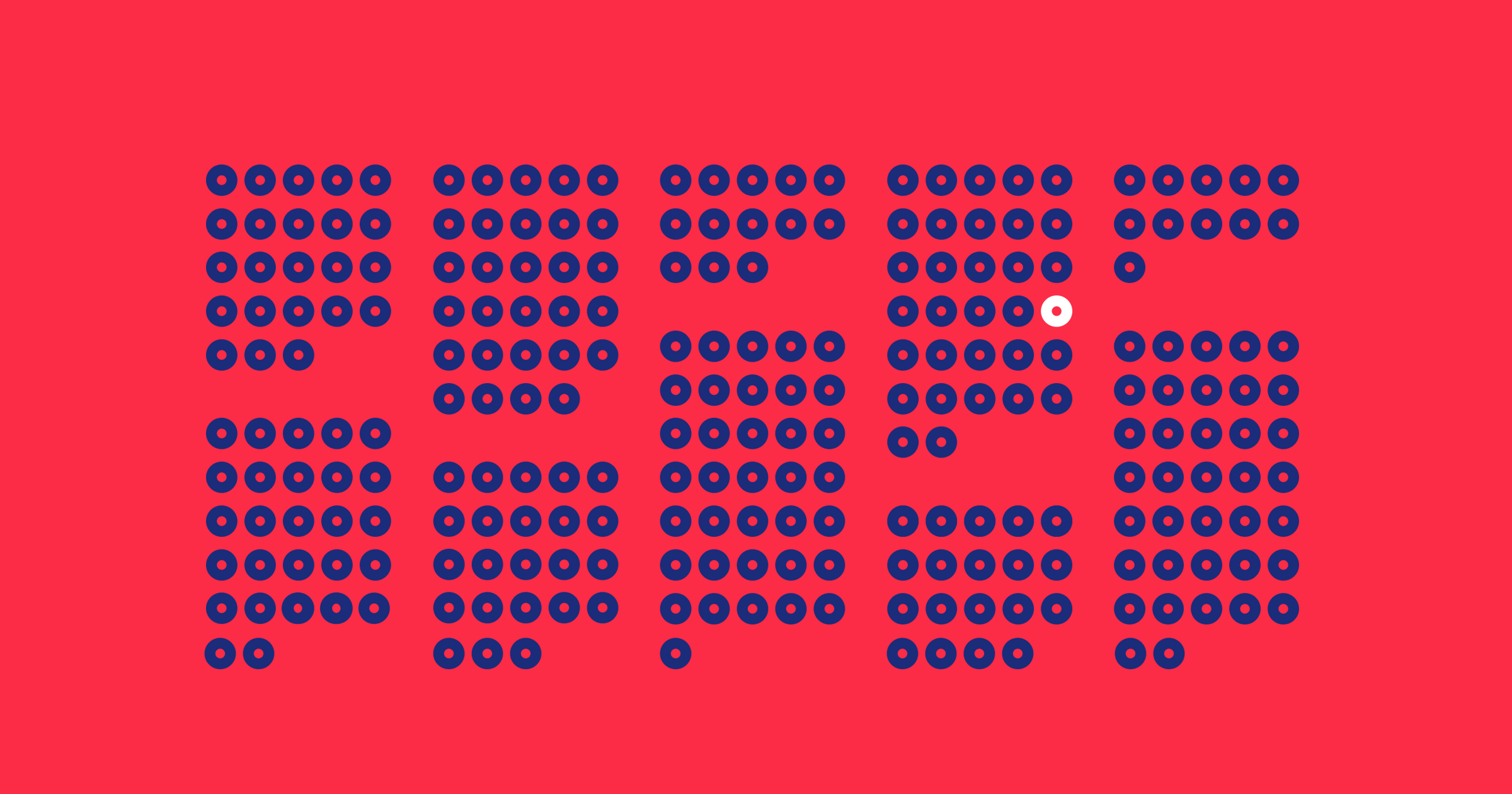 A bright red background with 249 blue dots, and one white dot.