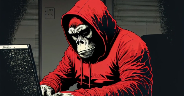 An ape in a red hoody sitting on a laptop looking confused