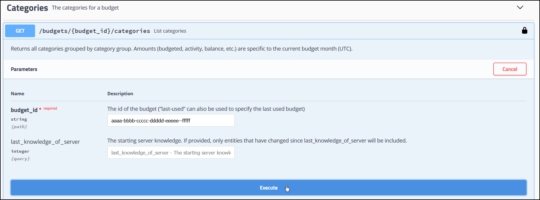 Enter Budget Id and select Execute