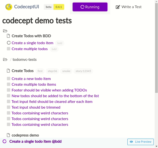 CodeceotJS testing framework tool in action