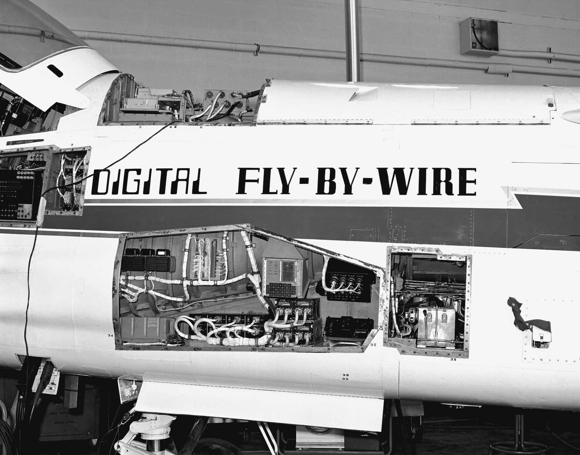An experimental fly by wire system in the Vought F-8 Crusader using data-processing equipment adapted from the Apollo Guidance Computer