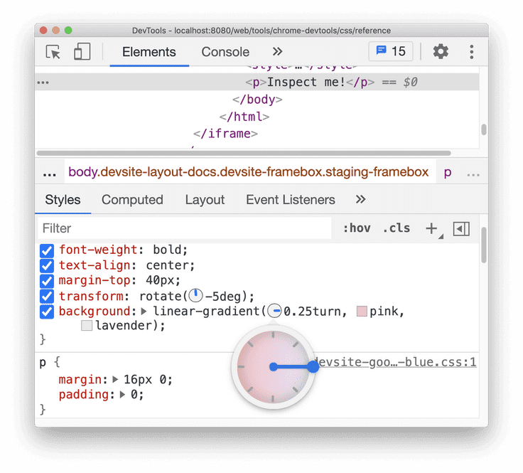 A popup menu in Chrome Devtools that let you edit an angle value by rotating a clock to the desired degree