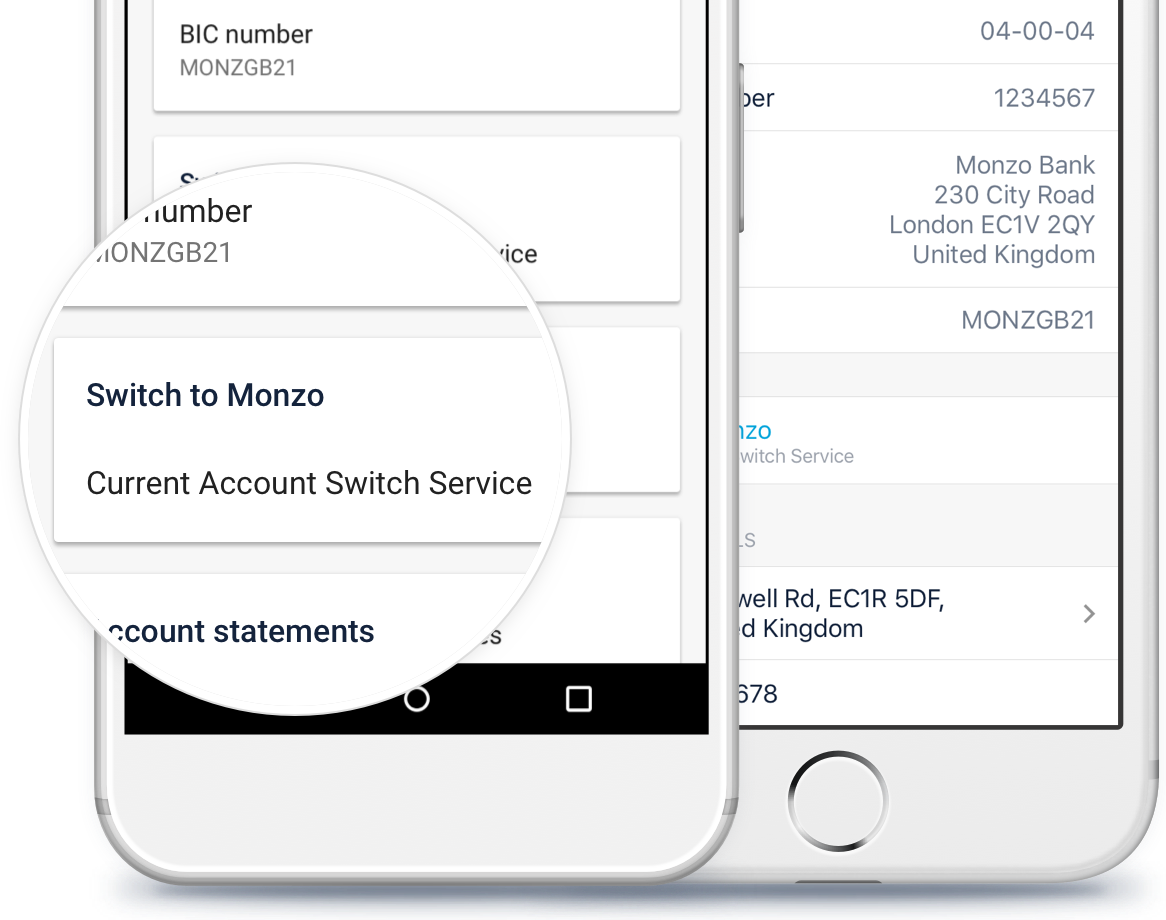 Current Account Switch Service location in the Monzo Android app