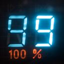 Light blue on black digital display on a microwave. The displayed number is ninety nine. Under in smaller glowing orange is 100%.