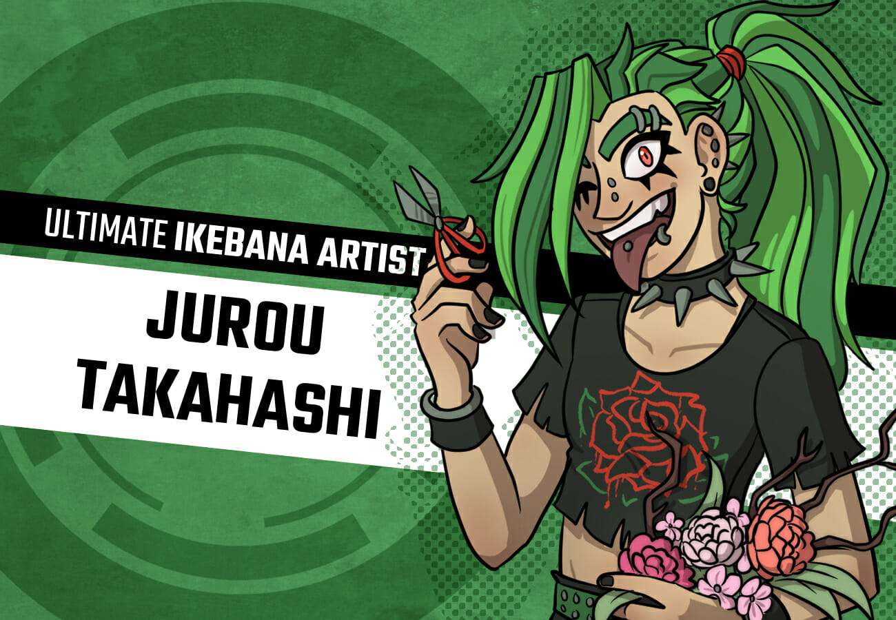 Introduction card for Jurou Takahashi, the Ultimate Ikebana Artist. He's a lanky boy with light skin, green hair in a spiky ponytail, and an excess of goth eyeliner and piercings. He's wearing a ragged crop-top with a rose on it, black JNCOs, and a spiked collar.
