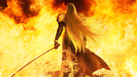 A screenshot of the Final Fantasy 7 Remake showing Sephiroth walking away from the flames of Nibelheim