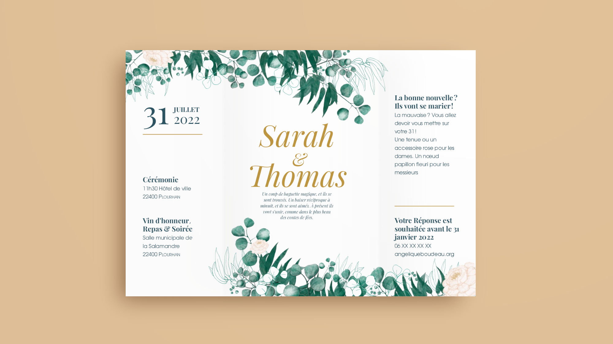 Mockup of the back of the wedding invitation on a colored background. Includes coloured illustrations of eucalyptus and peonies.
