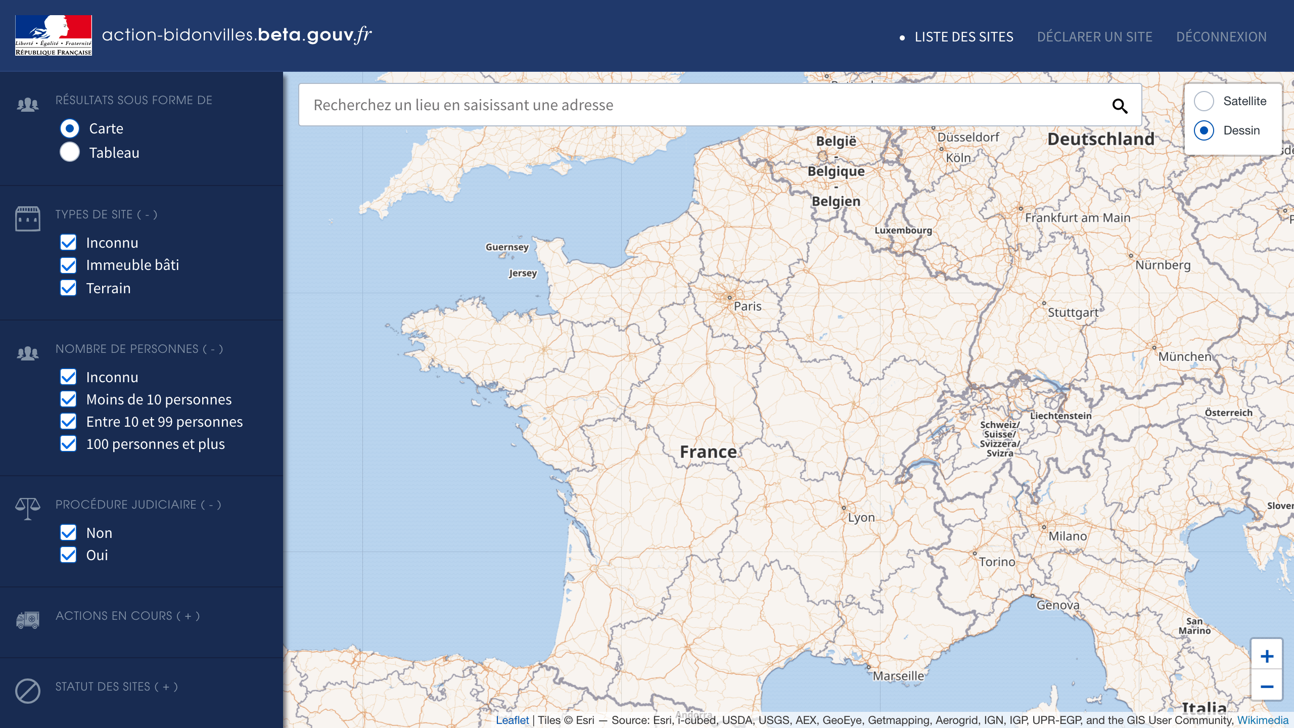 Interface de Action Bidonvilles