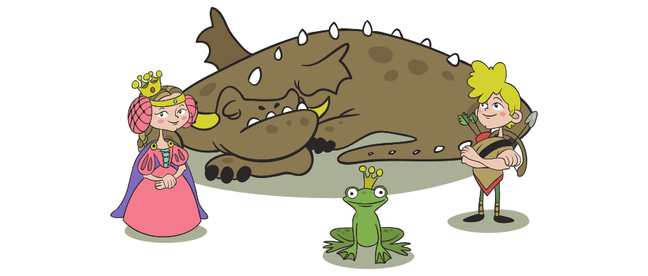 Cartoonzeichnung einer Abenteuergruppe mit Drachen