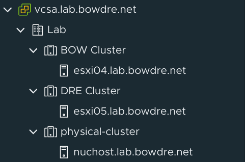 vCenter showing the BOW and DRE clusters
