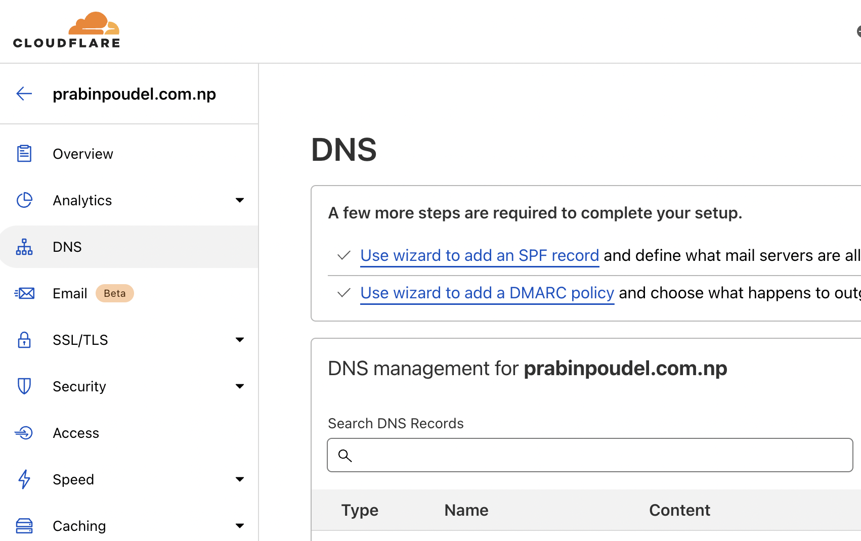 Side Menu with menu item "DNS" active in Cloudflare